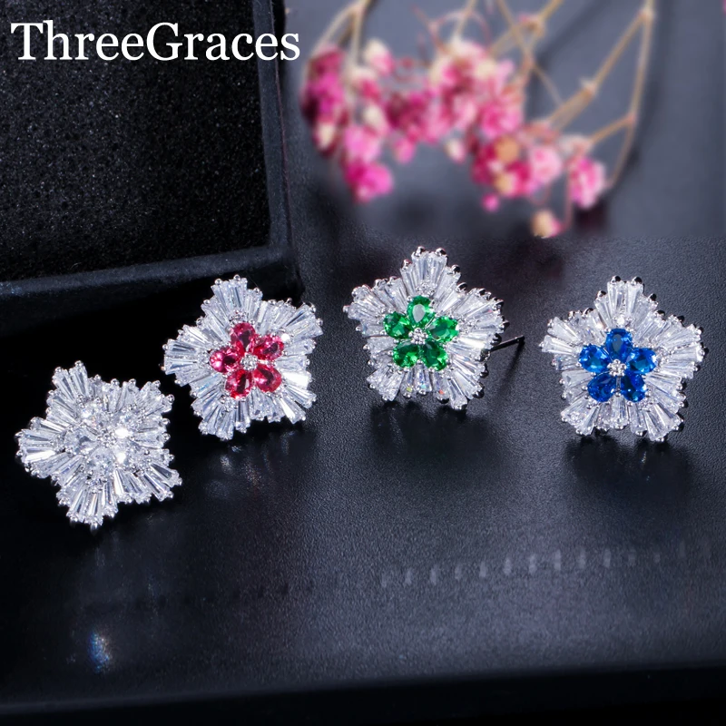 

ThreeGraces Fashion Silver Color Luxury Zirconia Crystal Women Big Christmas Earrings Jewelry With Red Blue Green Stones ER041