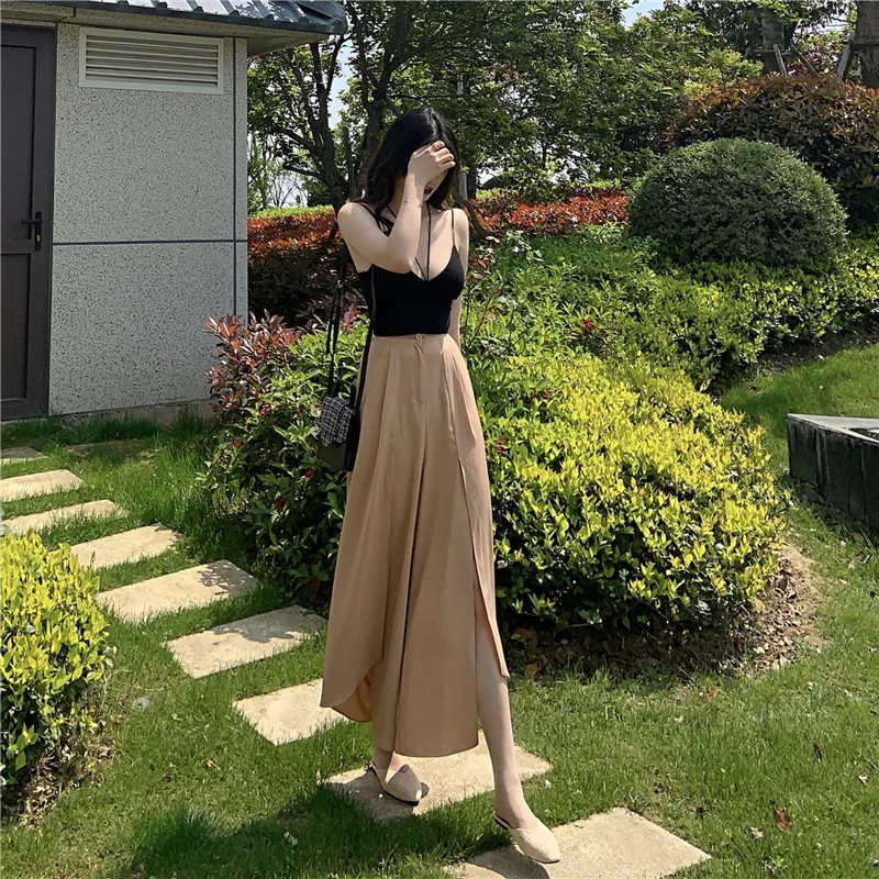 

2019 summer new product port simple small sling high waist irregular + loose wide leg pants single selling women's suit