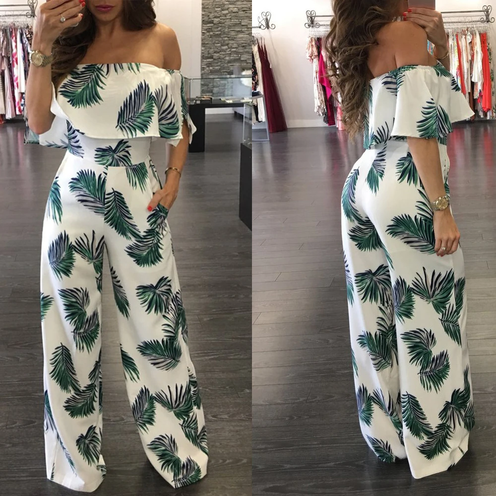 

Hot Sell 2018 New Sexy Off Shoulder Floral Print Spandex Jumpsuit Boho Style Party Beach Jumpsuit Holiday Romper Overalls