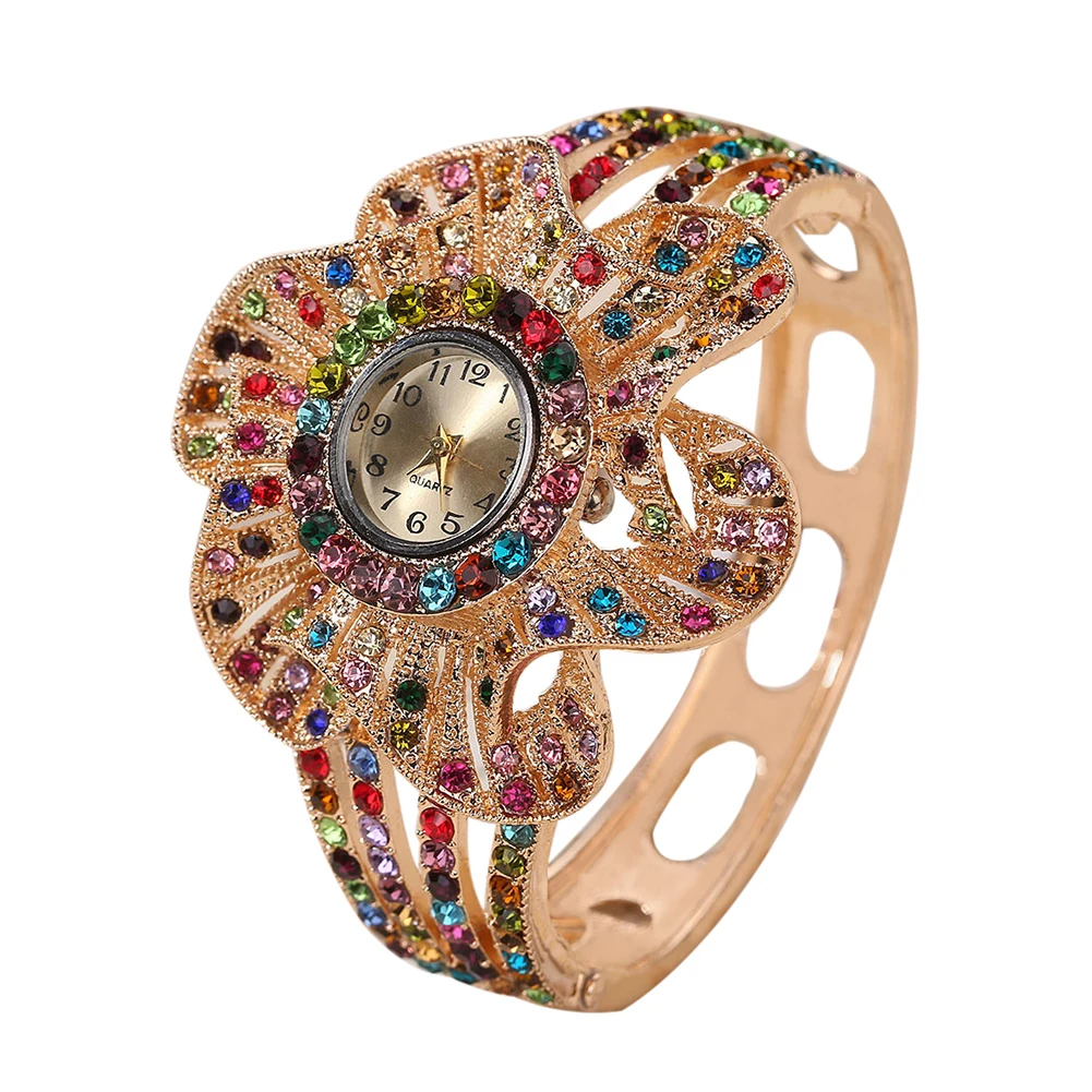 Fashion Women Rhinestone Flower Wristwatch Quartz Analog Bracelet Wrist Watch in Women's