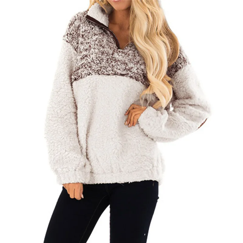 Winter Sherpa Sweater Patchwork Fleece Pullovers Zipper Turtleneck