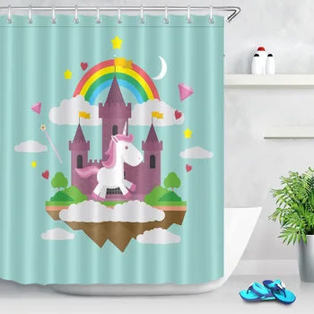 

LB Funny White Unicorns Rainbow Castle Light Blue Shower Curtains Polyester Cute Bathroom Curtain Fabric for Bathtub Home Decor