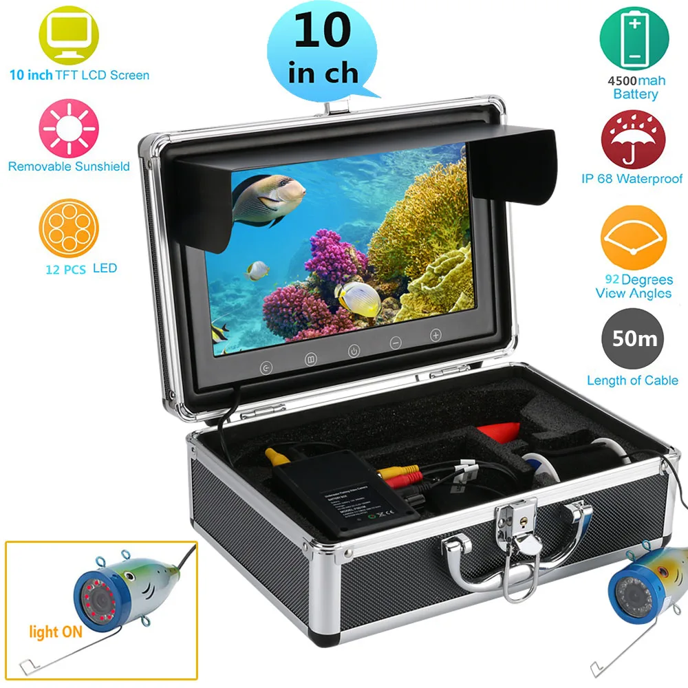 

GAMWATER 10" Inch Color Monitor 50M HD 1000tvl Underwater Fishing Video Camera Kit 12 PCS Infrared Lamp Lights