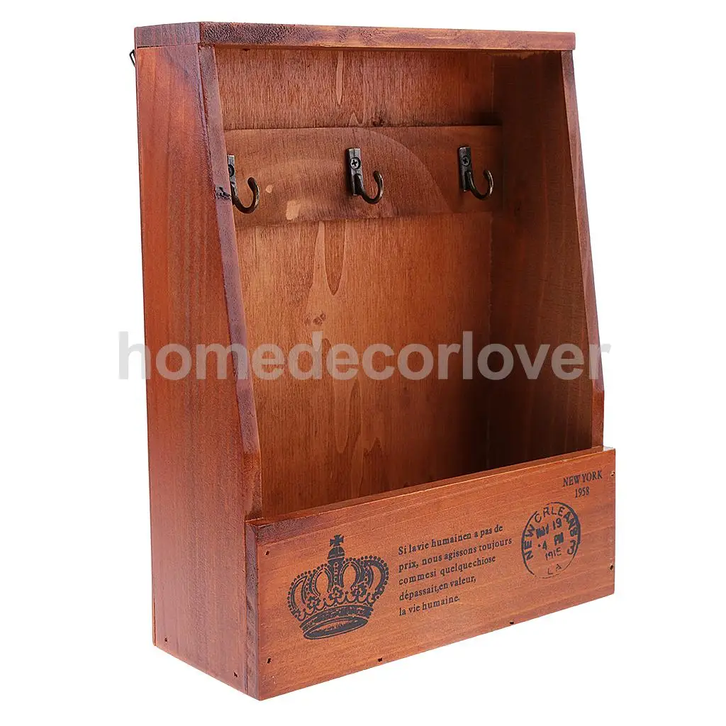 Retro Wall Mount Key Rack Storage Box Shelf Wooden Cabinet Cubby Letter Mail Holder Case