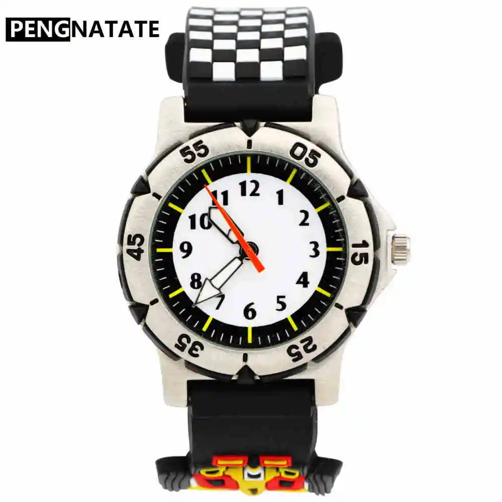 PENGNATATE часы для мальчиков модные детские подарки мультфильм часы черный гоночный автомобиль силиконовый ремешок 3D Браслет наручные часы