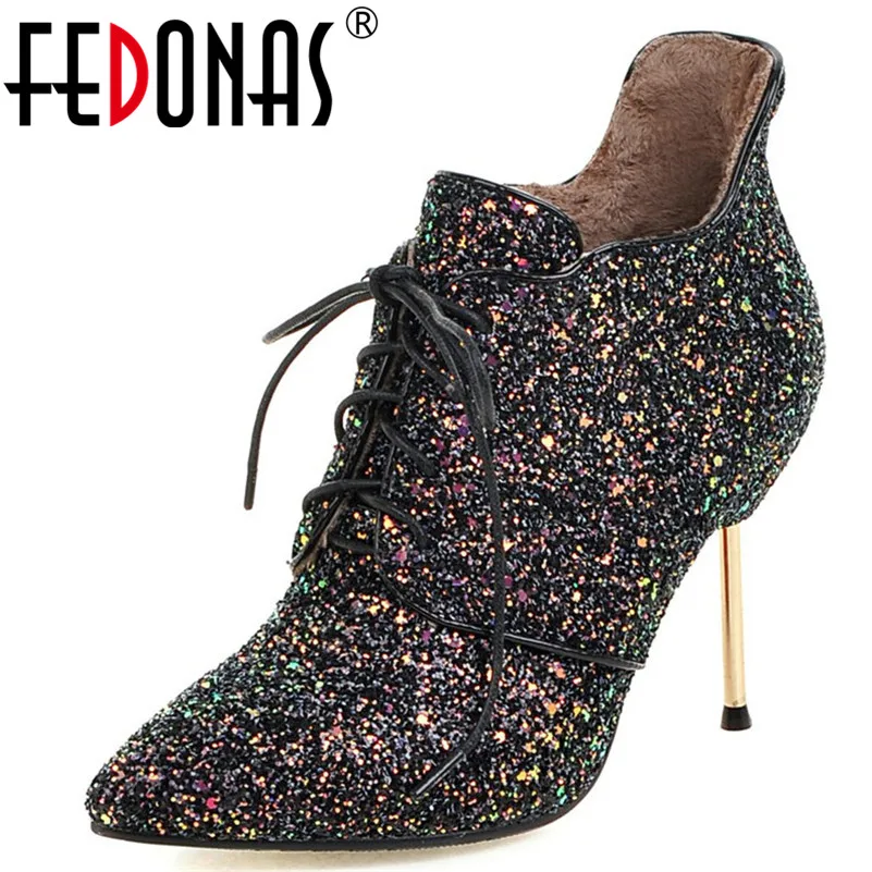 

FEDONAS New Sexy Women Thin High Heels Blingbling Pumps Corss-tied Party Wedding Dancing Shoes Woman Pointed Toe Prom Pumps