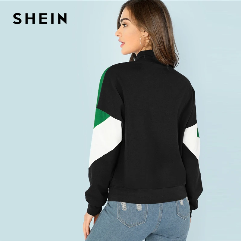  SHEIN Multicolor Elegant Casual O-Ring Zip Front Cut And Sew Colorblock Stand Collar Sweatshirt 201