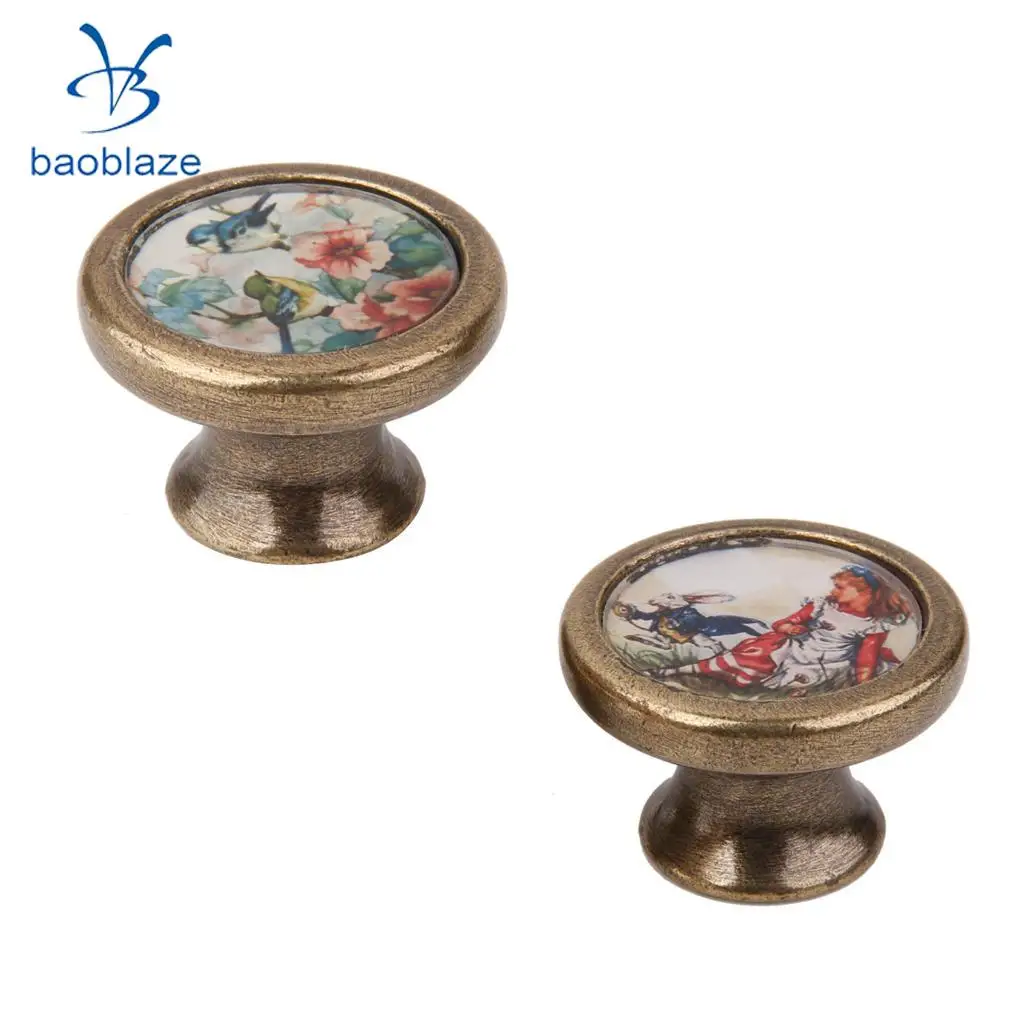2 Pieces Vintage Retro Brass Round Cabinet Door Drawer Closet Dresser Pulls Handle Knobs with Screws Rabbit Girl + Birds Flower