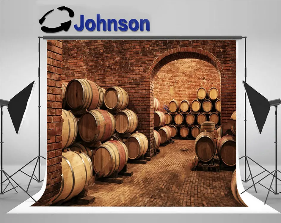 wine cellar Barrels winery brick wall arch door backdrop High quality