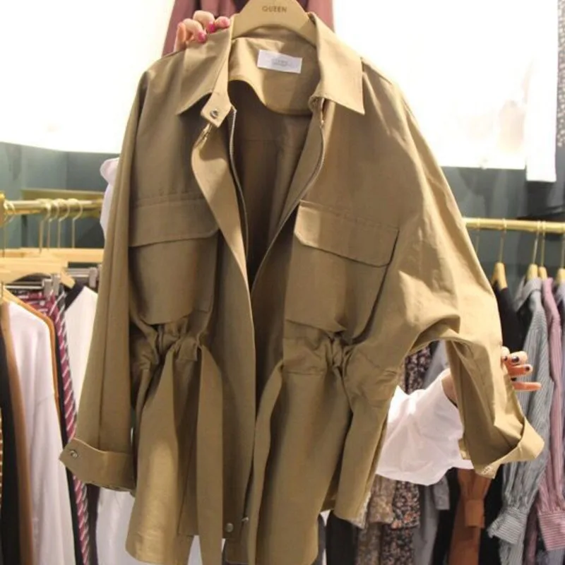 

[EWQ] 2019 Spring New Korean Turn-down Collar Solid Coat Pockets Zipper High Waist Adjustable Jacket Windbreaker Woman EF355
