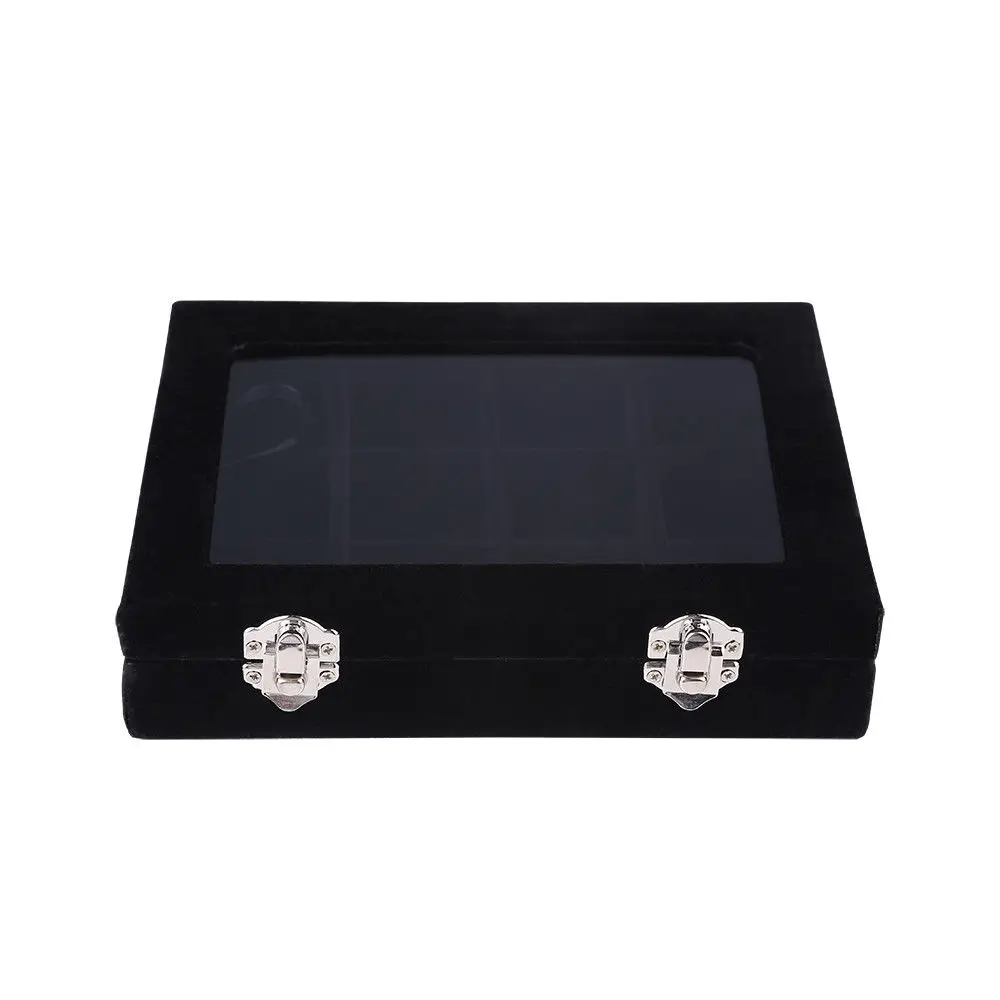 

Black 12 Grid Velvet Glass Jewelry Ring Display Organiser Box Tray Holder Earrings Storage Case