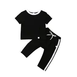 Топы с короткими рукавами для маленьких мальчиков и девочек + длинные штаны, Комплекты Черный Камуфляжный комплект, летняя модная