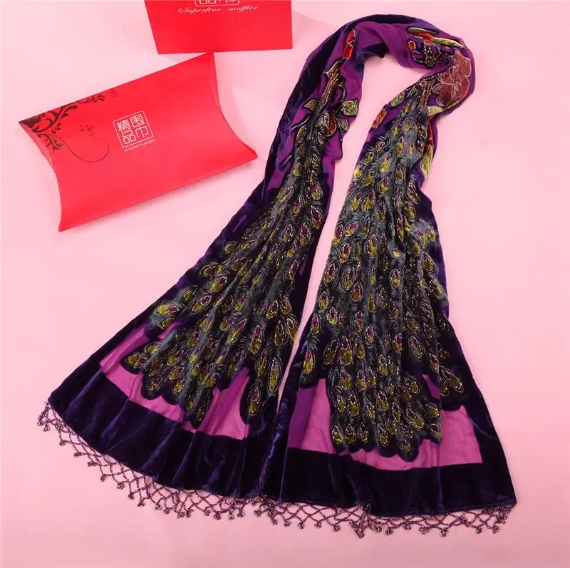 Бордовый шарф, роскошный бренд, Бархатная шаль, накидка, хиджаб, большой размер, Женская шаль, палантин с павлиньими бусинами, Mujere Bufanda, шали, шарфы - Цвет: Фиолетовый