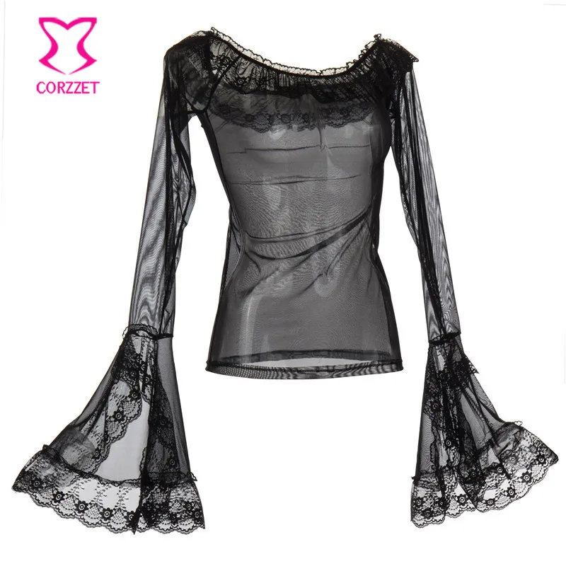 Black-Transparent-Tulle-Lace-Ruffle-Off-Shoulder-Flare-Sleeve-Sexy-Blouse-Victorian-Steampunk-Clothing-Corset-Gothic (1)