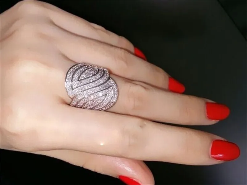 Роскошные Shine Коктейль Свадебные Кольца для женщин jewelry Настоящее серебро 925 пробы листьев проложить 110 шт. cz камень кольцо палец