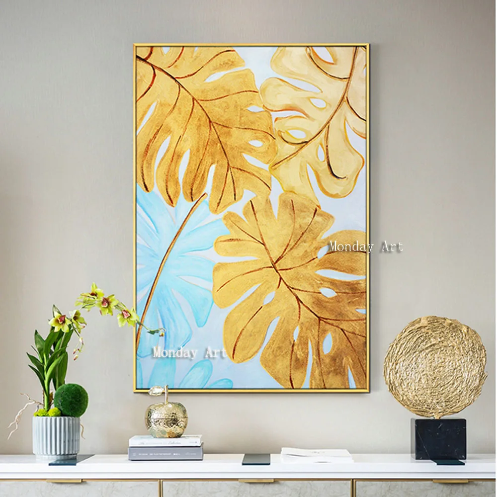 

Hand painted Modern Abstract Gold leaf Oil painting on Canvas Wall Art Rich leaf Picture for Living Room hotel Cuadro Decoracion