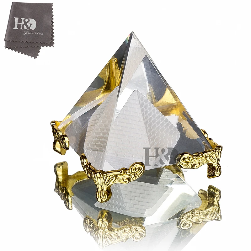 

H&D Pyramid Prism 2.4"- Meditation Crystals Home Art Decor Feng Shui for Prosperity Positive Energy with Gold Stand