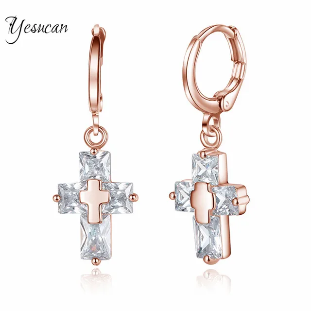 Yesucan Male Cross Earrings Cz Rose Gold Earring Rhinestone Yesucan Male Cross Earrings Cz Rose Gold Earring Rhinestone Cubic Zirconia Dangle Fashion Engagement