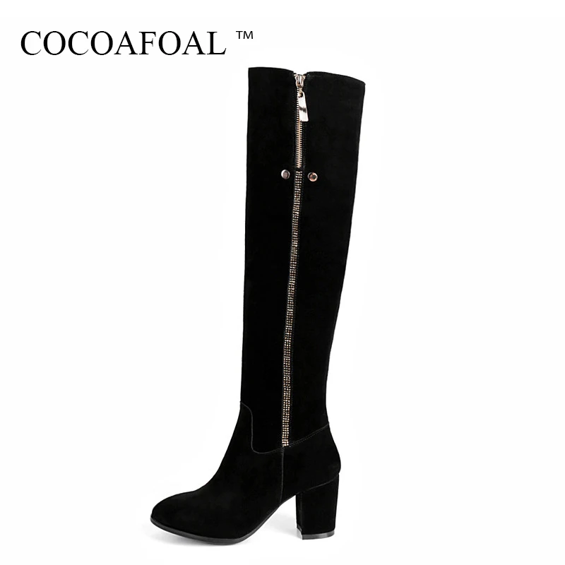 

COCOAFOAL Women Genuine Leather Metal Decoration Over The Knee Boots Plus Size 33 43 Winter Black Chelsea Thigh High Boots 2018