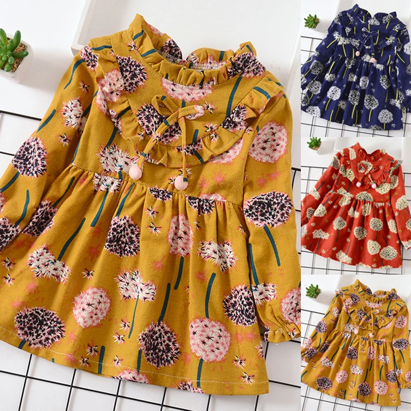 CYSINCOS/Прямая ; детская одежда с цветочным рисунком; платье с цветочным рисунком для маленьких девочек с одуванчиком; весенне-осеннее платье с бантом