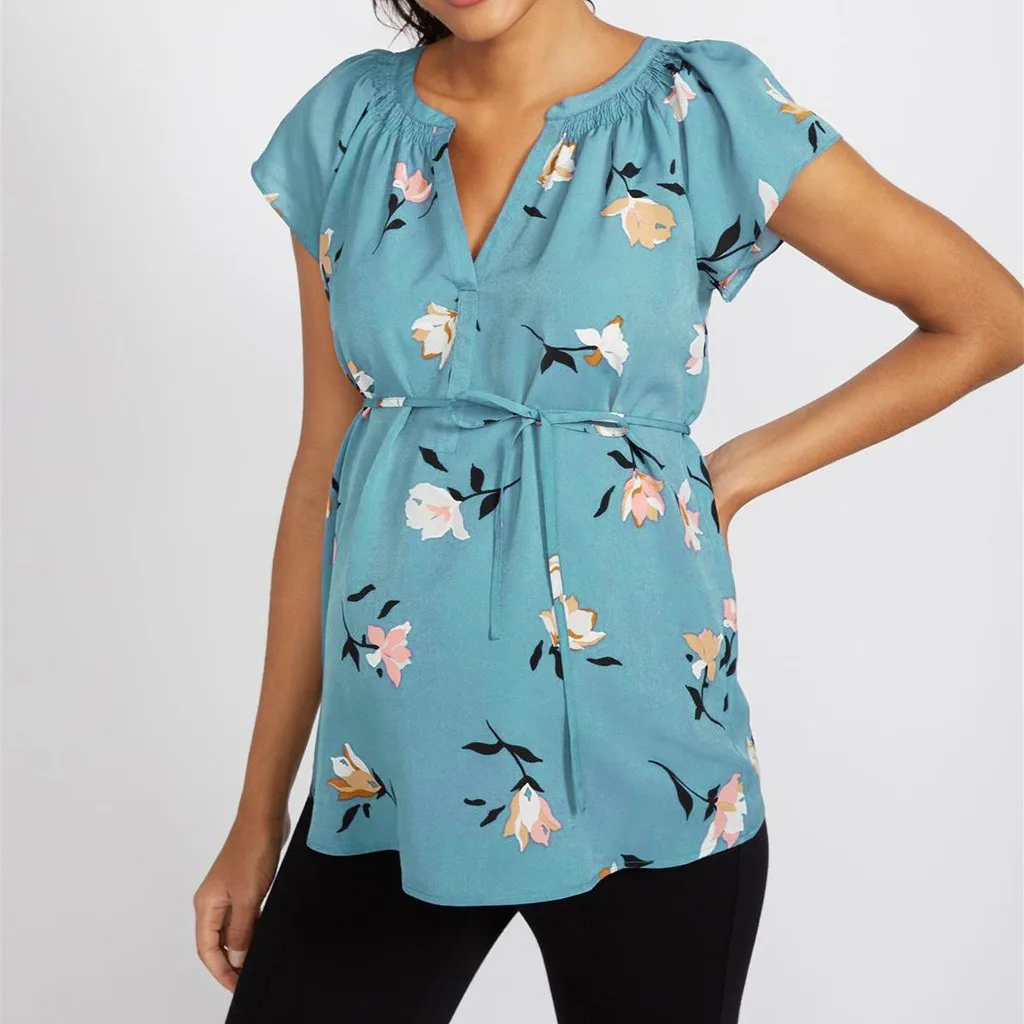 

Maternity 2019 Women Summer Shirts Sexy Floral Print V Neck short Sleeve Casual Loose Pregnancy Blouses Plus Size ropa mujer