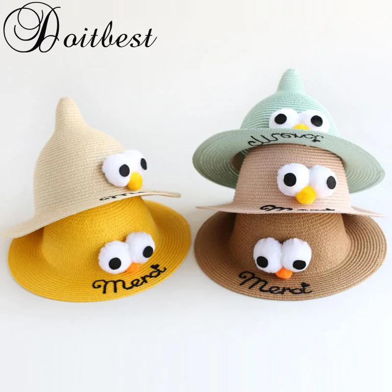 

2018 Korea Spring kids Beach Hats summer 100% Handmade Funny two big eyes Children straw hat boys girls tourism hot sun hat