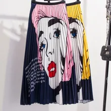 Прохладный Девушки Лето Характер Печать мультфильм рисунок в виде надписи Империя Высокие эластичные Для женщин Праздник расширение плиссированные юбка средней длины