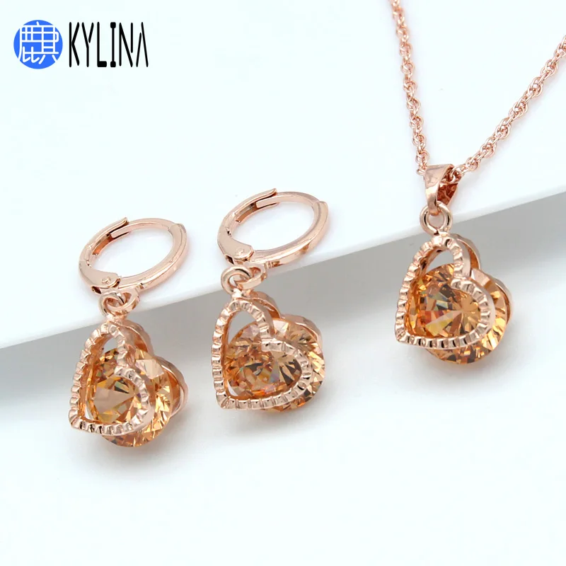 

KYLINA Classic Heart Shape Cubic Zirconia Dangle Earrings Jewelry Set Simple Fine For Woman Girl's Wedding Party Fashion Gift