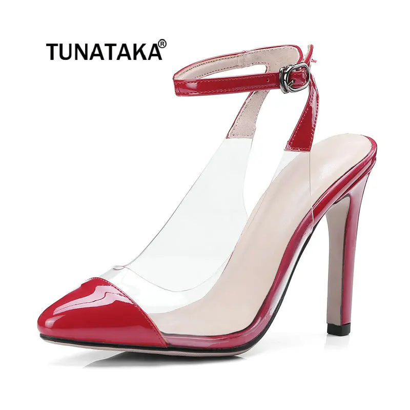 

Wome Sexy Thin High Heel Transparent With Buckle Slingbacks Fashion Pointed Toe Dress Summer Shoes Red Black Beige