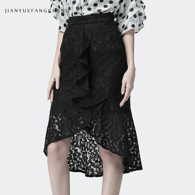 

Sexy Black Lace Wrap Skirt Ruffle Hollow Out Floral High Waist Irregular Knee-Length Mermaid Skirts Office Ladies Work wear Jupe