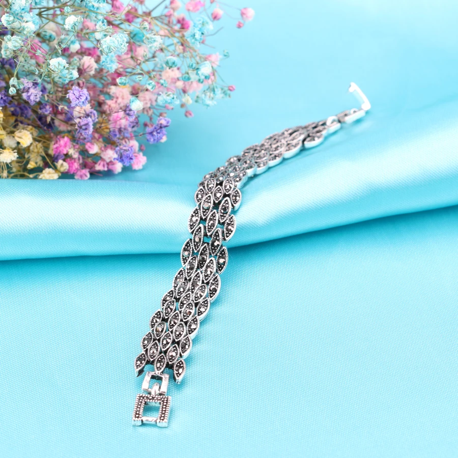Kinel Bright Black Crystal Bracelet For Women Antique Silver Color Little Eye Link Bracelets Charm Vintage Jewelry crystal bracelet