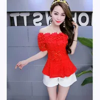 2018 Spring Women Summer Shirt Sweet Tie Floral Lace Blouse Lady Short Sleeve Slash Neck Backles Blouses Short Blusas Tops AB831 2