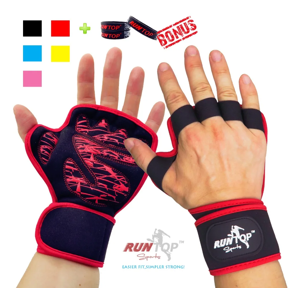 

RUNTOP Weight Lifting Gloves Crossfit Training Workout Fitness Exercise GYM Hand Grips Silicon Palm Protect Wrist Wrap Support