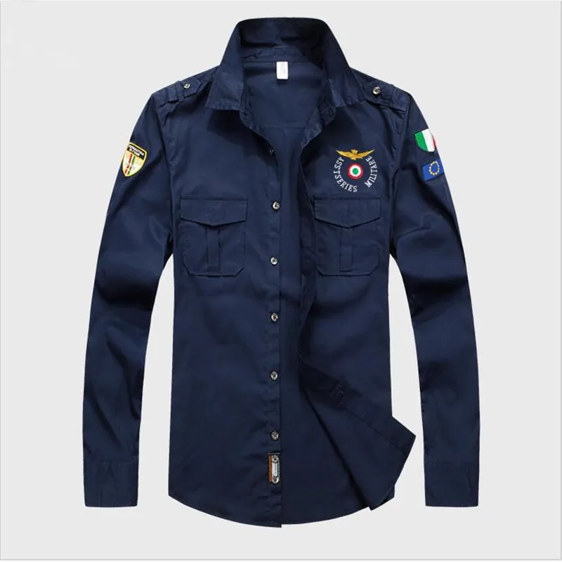

2019 Men Aeronautica Militare Air Force One Shirt Men Long Sleeve Casual Embroidery Logo Patch Plane Pilot Shirt M-3XL