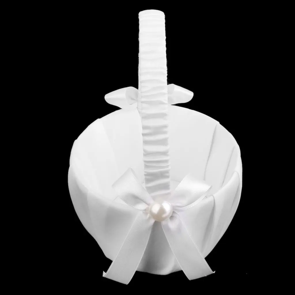 New White Satin Beaded Wedding Flower Girl Basket Bowknot Decorin