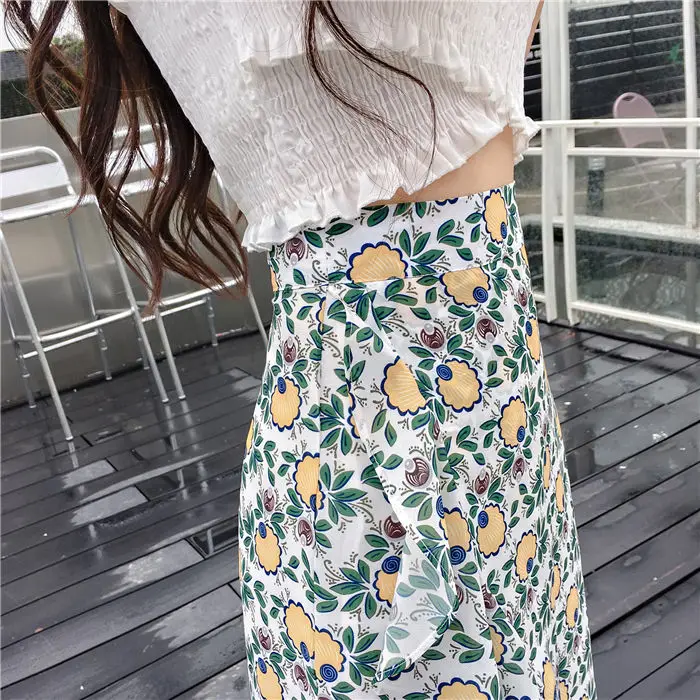 Harajuku Летняя женская юбка мода сломанный цветок Высокая талия нестандартное платье с юбкой-годе оборками Длинная юбка из шифона сексуальные женские юбки