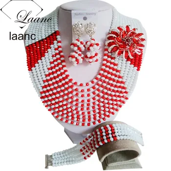 

Laanc Nigerian Wedding African Beads Jewelry Set Crystal Red and White Necklace Sets AL393