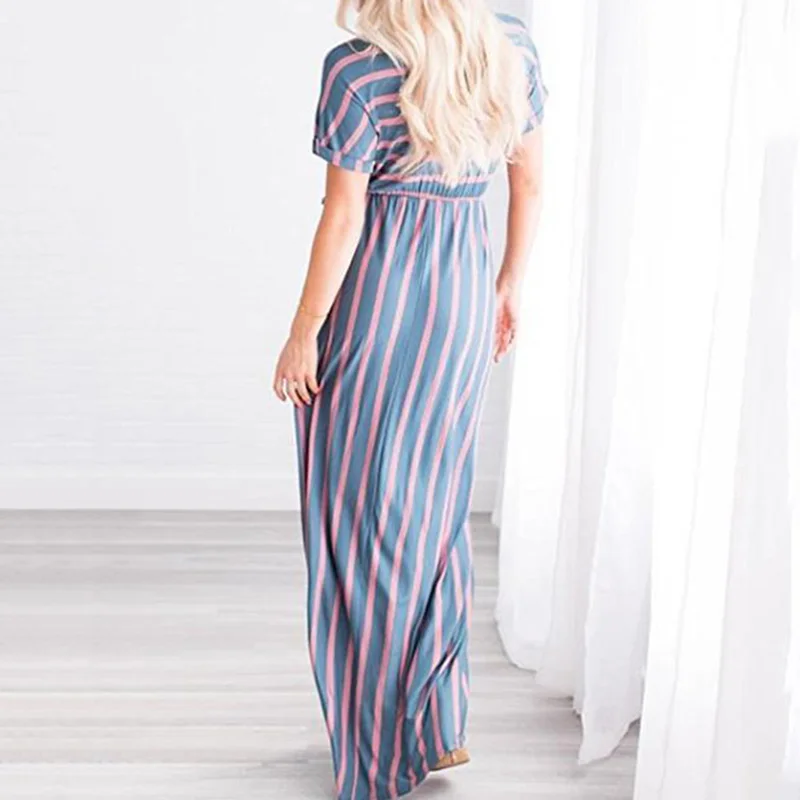 Новое летнее платье женское винтажное драпированный обтягивающий Vestidos повседневное Полосатое с коротким рукавом тонкое женское платье цветная полоса высокого качества