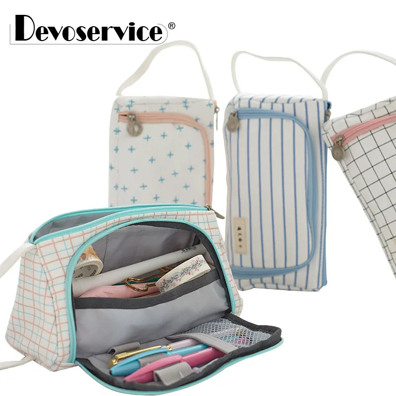Large Capacity Kawaii Canvas Pencil Case Student School Lattice Makeup Holder Side Open Pen Bag Pouch School Supplies Stationery