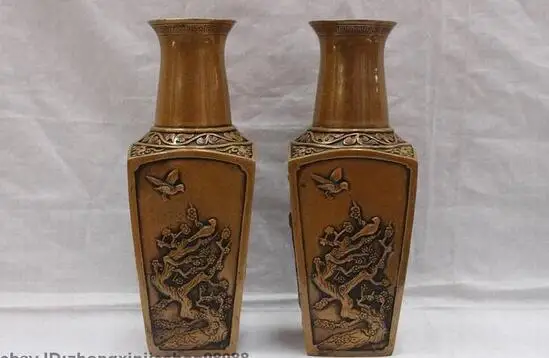 

10"China Royal Pure Bronze Copper Magpie Bird Plum Tree Pot Bottle Vase pair