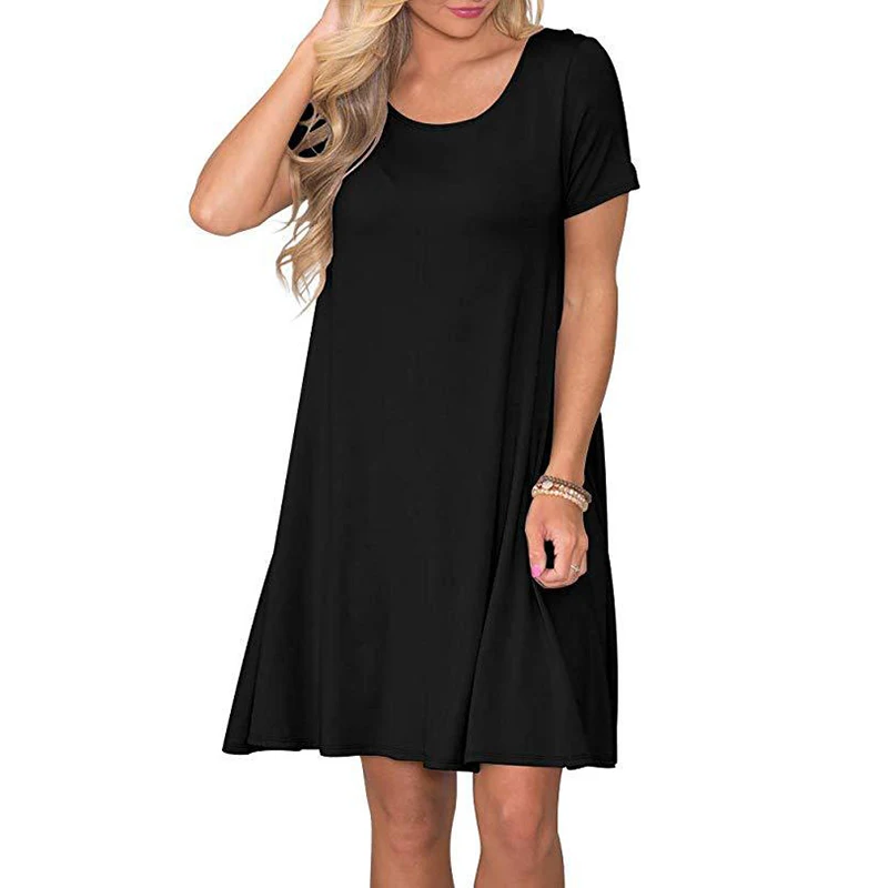 2019 Summer Fashion Women Dress Casual Solid O-Neck Loose Knee-Length Dresses Women Clothing