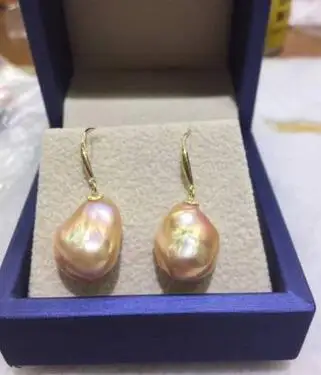 

free shipping CHARMING PAIR OF 14-16MM SOUTH SEA GOLD PINK PEARL EARRING