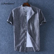 Schinteon, мужская летняя хлопковая льняная полосатая рубашка, тонкая, стоячий воротник, удобные рубашки с коротким рукавом, новое поступление