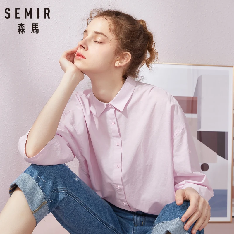 

SEMIR Women Half-length Sleeve blouse with Collar Women Cotton Shirt Regular Fit with Tapered Waist for Spring Autumn