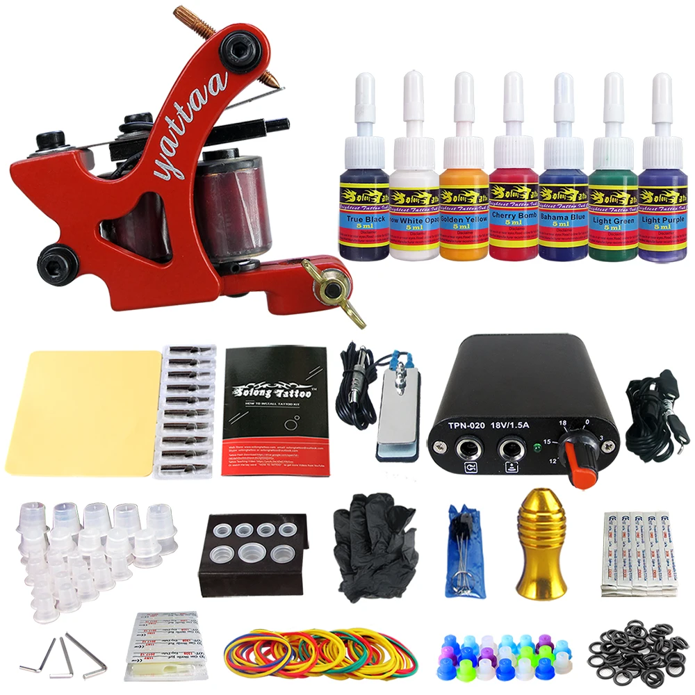 

Complete Tattoo Coil Machine Kit For Liner Shader Power Supply Foot Pedal Needles Grip Tips Tattoo Body&Art TK105-67
