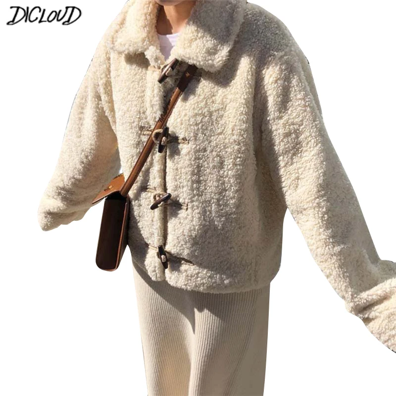 

DICLOUD Lambskin Jackets Women Winter 2018 Thick Warm Coats Ladies Long Sleeve Tops Female Harajuku Short Teddy Coat Brand New