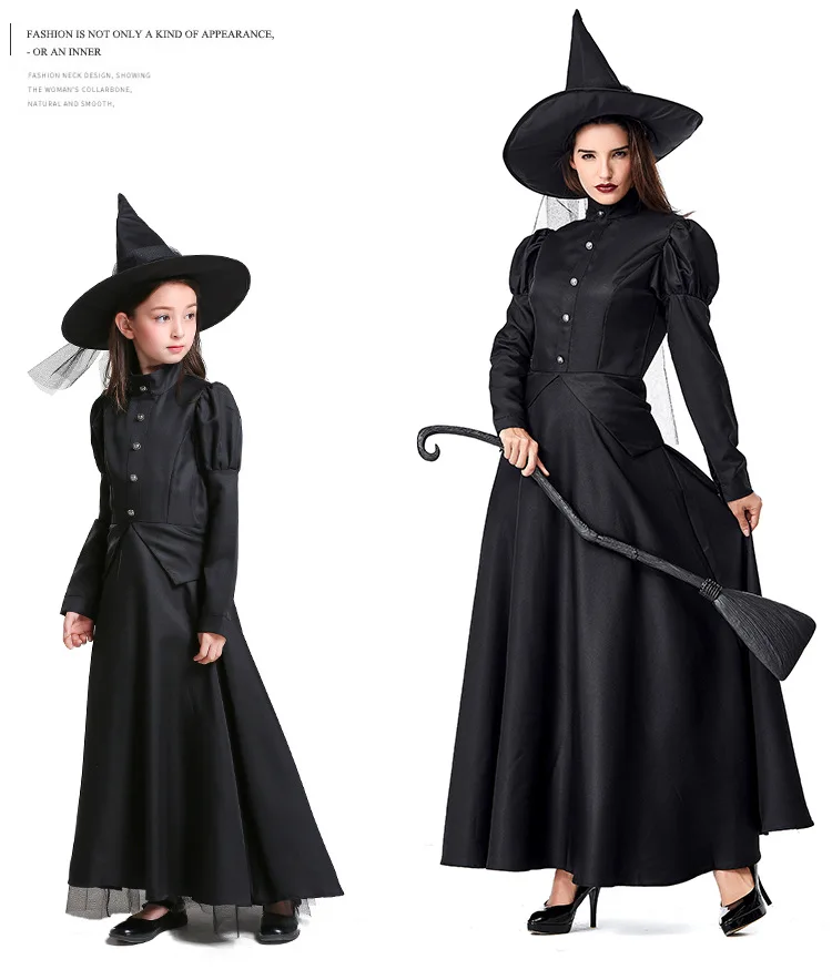 S-L обувь для девочек Хэллоуин Черный волшебница костюмы дети ведьмы халаты cospplays карнавал Пурим сценическое шоу платье для маскарада