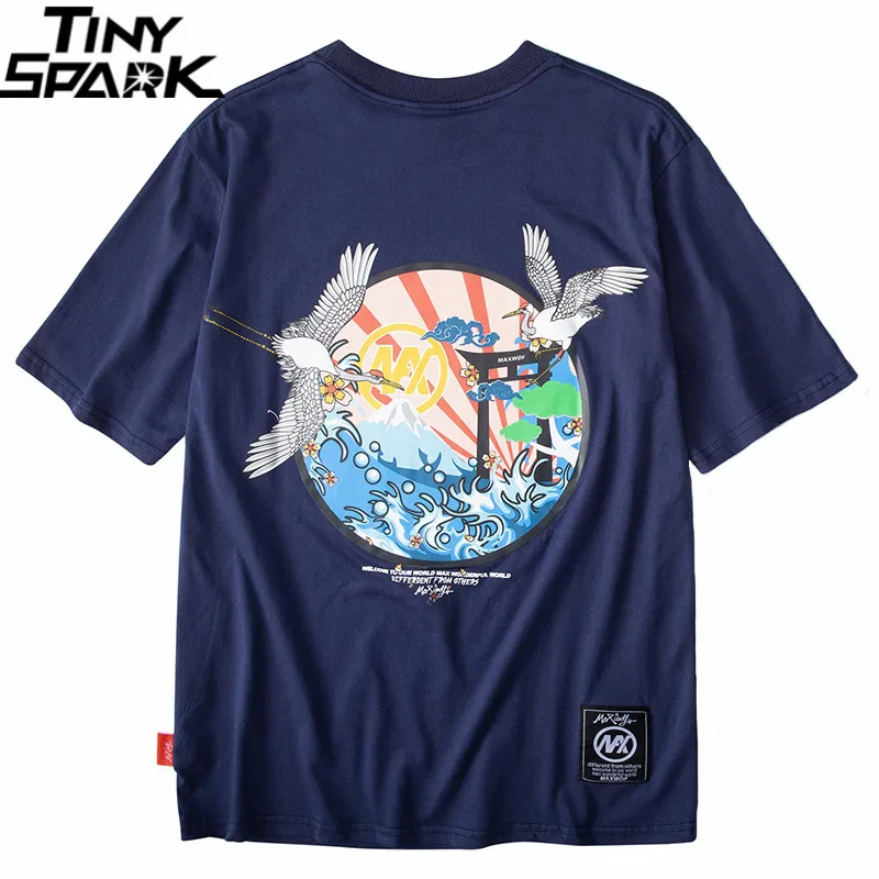 

Summer 2019 Harajuku T Shirt Streetwear Mens Hip Hop T-Shirt Crane Japanese Style Tshirts Navy Blue Cotton Tops Tees Oversized