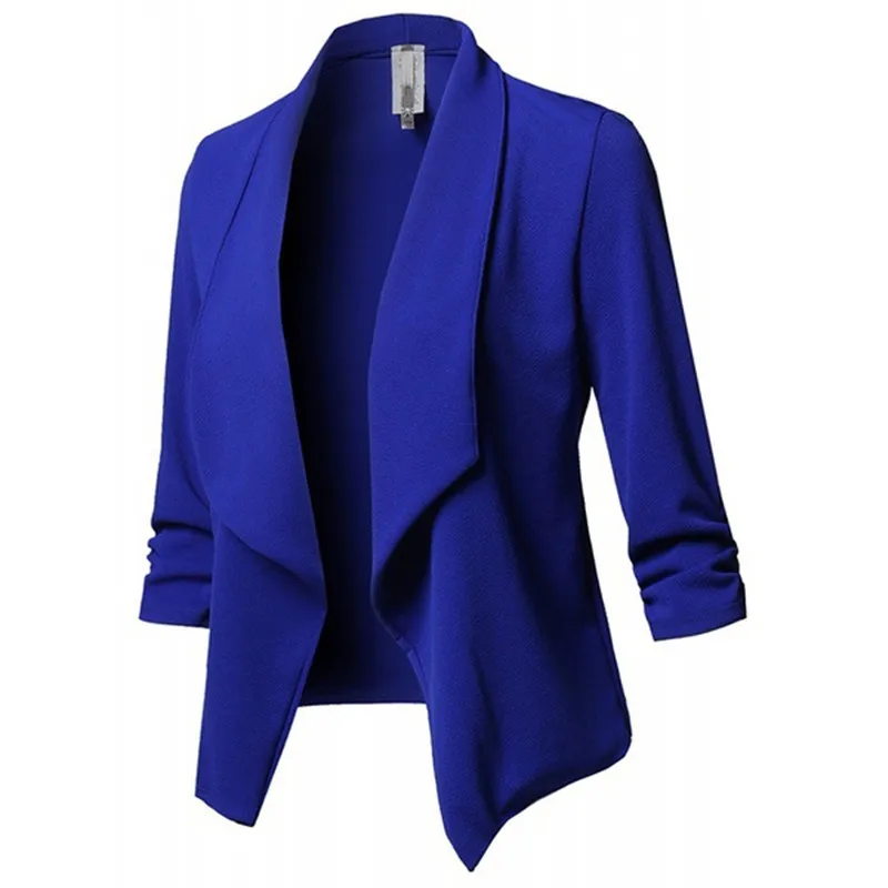 Весенне-осенний женский кардиган, куртка размера плюс, Модный повседневный однотонный костюм с длинным рукавом и воротником, женский пиджак, большой блейзер - Цвет: blue