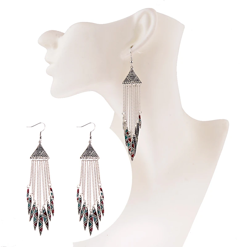 Amader 2018 Women's Geometric Alloy Long Chain Tassel Dangle Earrings Bohemia Triangle Alloy Drop Earrings HXE036